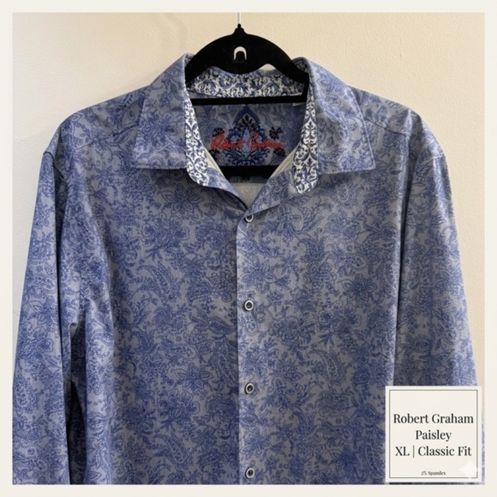Robert Graham Blue Paisley Floral Button Up Shirt XL Classic Fit Stretch